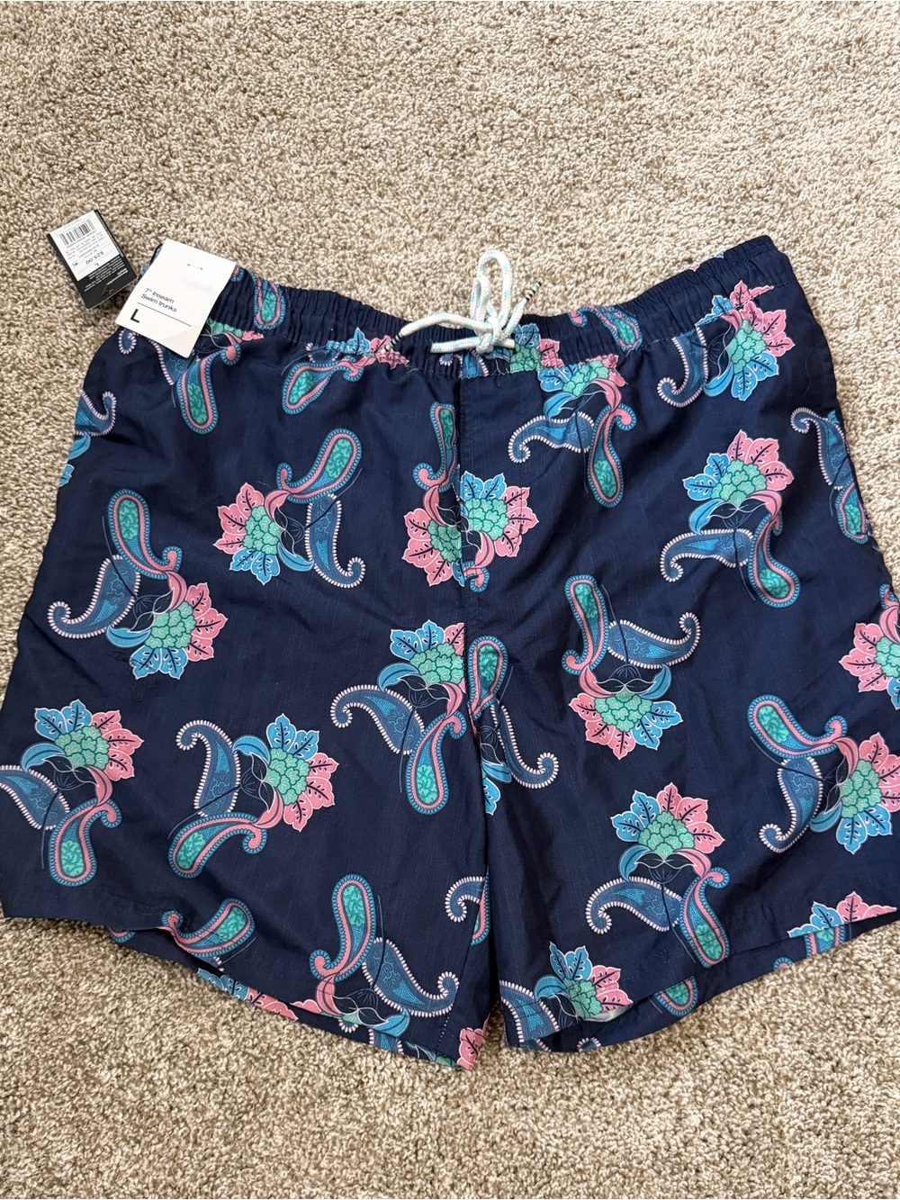 Men’s Navy Paisley Drawstring Swim Shorts